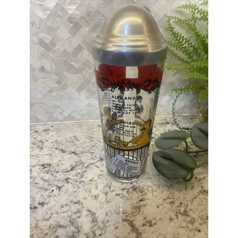 Vintage MCM Bartender Bar‎ Cocktail Shaker with Recipes Clear Glass speakeasy